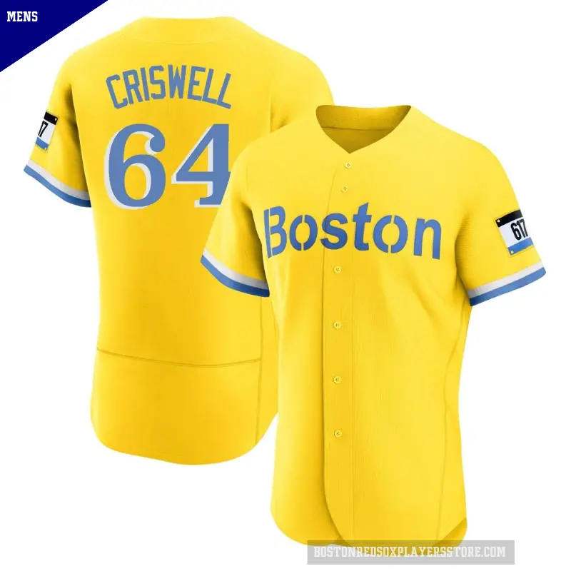 Men's No.64 Cooper Criswell Boston Red Sox Gold/Light Authentic Blue 2021 City Connect Jersey